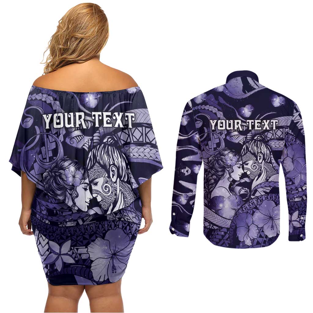 Personalised Maori Romantic Valentine Couples Matching Off Shoulder Short Dress and Long Sleeve Button Shirt The Hongi Kiss Purple Galaxy