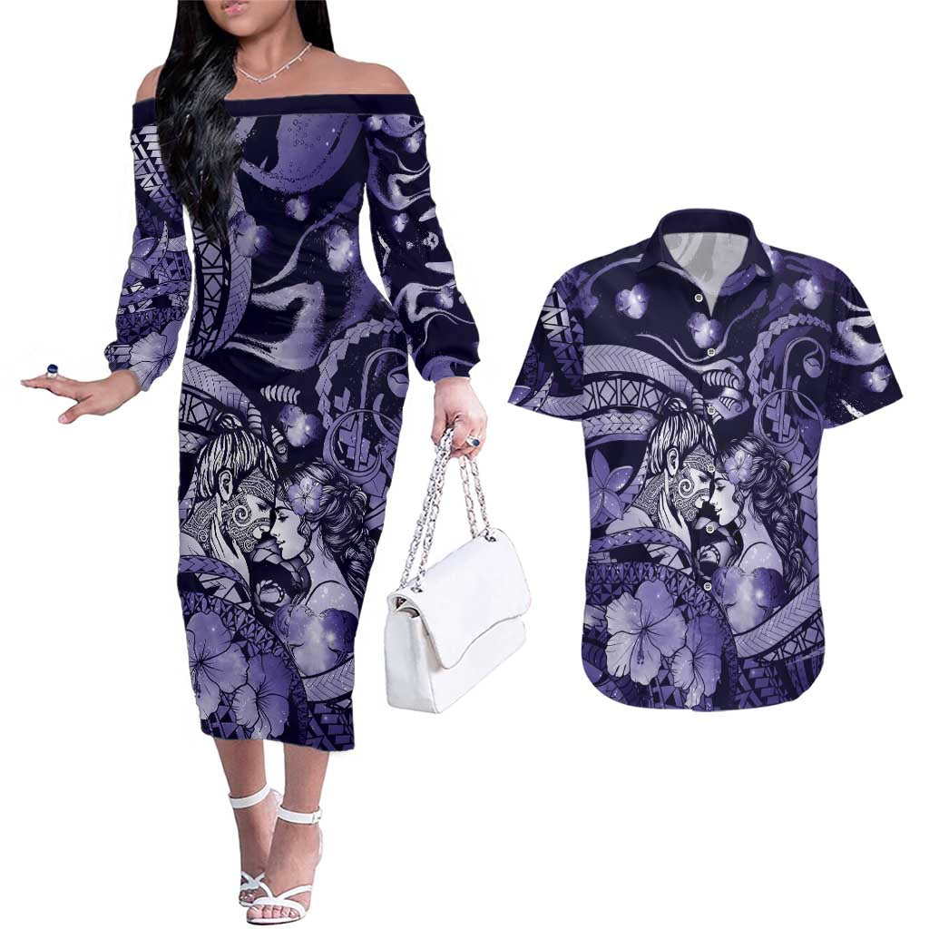 Personalised Maori Romantic Valentine Couples Matching Off The Shoulder Long Sleeve Dress and Hawaiian Shirt The Hongi Kiss Purple Galaxy