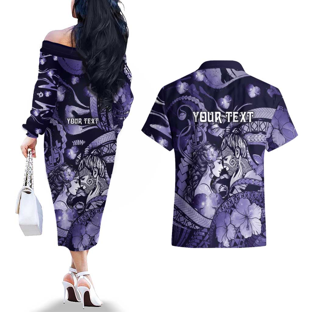 Personalised Maori Romantic Valentine Couples Matching Off The Shoulder Long Sleeve Dress and Hawaiian Shirt The Hongi Kiss Purple Galaxy