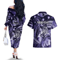 Personalised Maori Romantic Valentine Couples Matching Off The Shoulder Long Sleeve Dress and Hawaiian Shirt The Hongi Kiss Purple Galaxy