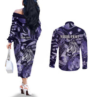 Personalised Maori Romantic Valentine Couples Matching Off The Shoulder Long Sleeve Dress and Long Sleeve Button Shirt The Hongi Kiss Purple Galaxy
