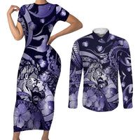 Personalised Maori Romantic Valentine Couples Matching Short Sleeve Bodycon Dress and Long Sleeve Button Shirt The Hongi Kiss Purple Galaxy