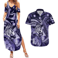 Personalised Maori Romantic Valentine Couples Matching Summer Maxi Dress and Hawaiian Shirt The Hongi Kiss Purple Galaxy