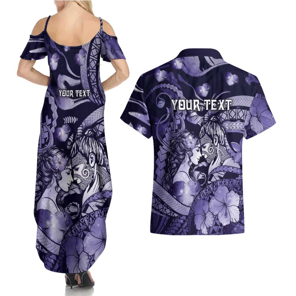 Personalised Maori Romantic Valentine Couples Matching Summer Maxi Dress and Hawaiian Shirt The Hongi Kiss Purple Galaxy