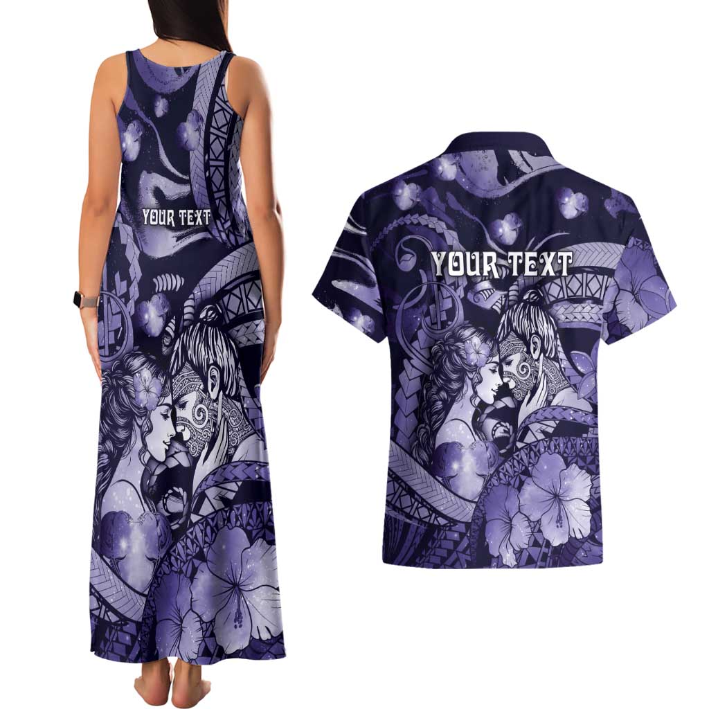 Personalised Maori Romantic Valentine Couples Matching Tank Maxi Dress and Hawaiian Shirt The Hongi Kiss Purple Galaxy