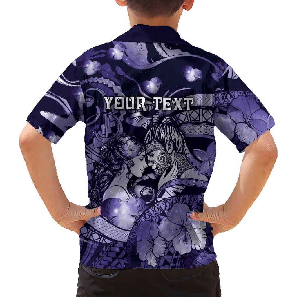 Personalised Maori Romantic Valentine Family Matching Short Sleeve Bodycon Dress and Hawaiian Shirt The Hongi Kiss Purple Galaxy