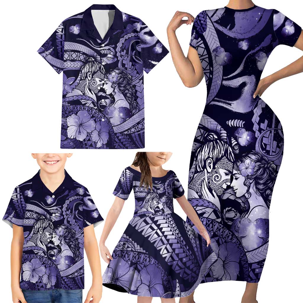 Personalised Maori Romantic Valentine Family Matching Short Sleeve Bodycon Dress and Hawaiian Shirt The Hongi Kiss Purple Galaxy
