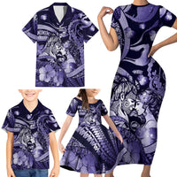 Personalised Maori Romantic Valentine Family Matching Short Sleeve Bodycon Dress and Hawaiian Shirt The Hongi Kiss Purple Galaxy