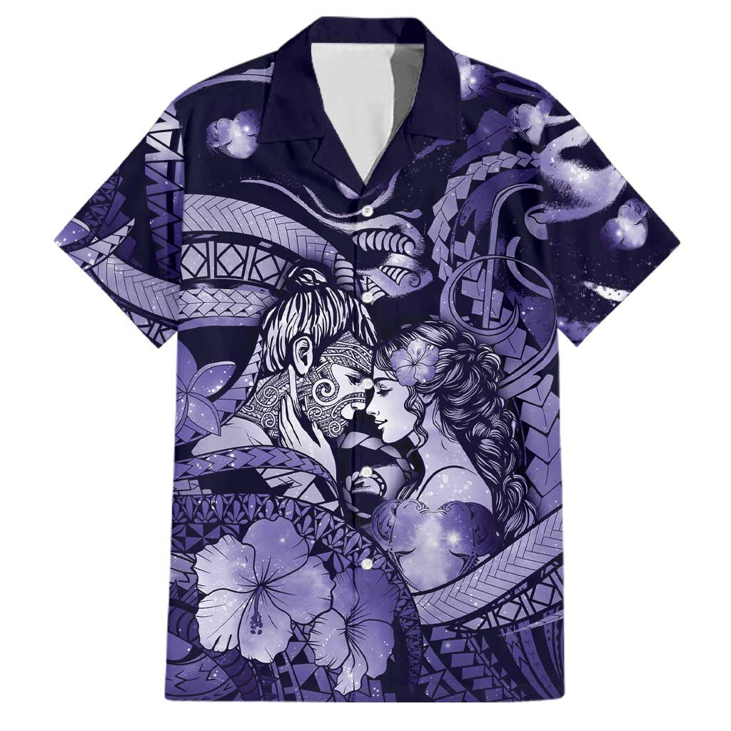 Personalised Maori Romantic Valentine Family Matching Short Sleeve Bodycon Dress and Hawaiian Shirt The Hongi Kiss Purple Galaxy