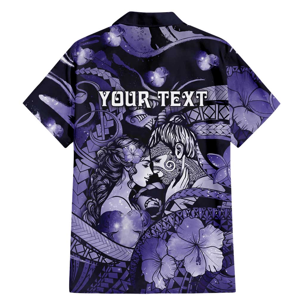 Personalised Maori Romantic Valentine Family Matching Short Sleeve Bodycon Dress and Hawaiian Shirt The Hongi Kiss Purple Galaxy