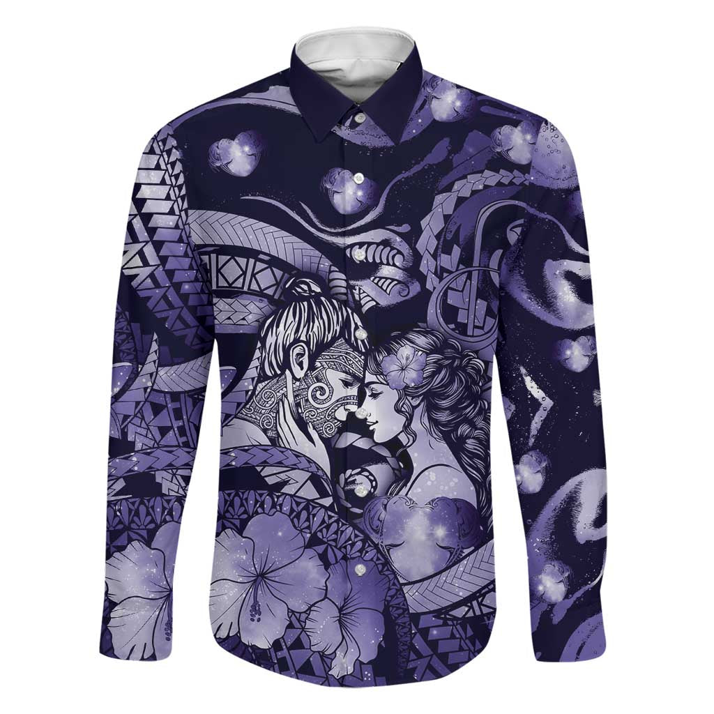 Personalised Maori Romantic Valentine Family Matching Short Sleeve Bodycon Dress and Hawaiian Shirt The Hongi Kiss Purple Galaxy