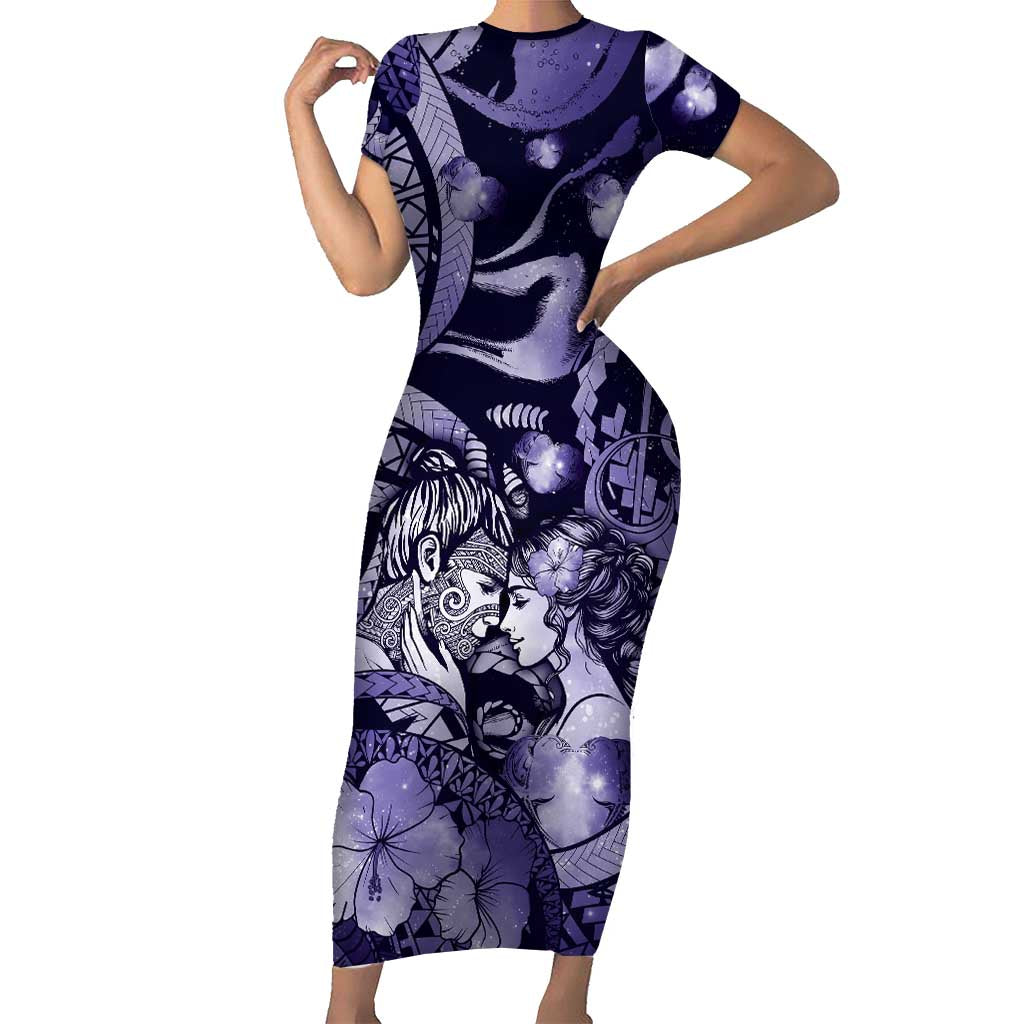 Personalised Maori Romantic Valentine Family Matching Short Sleeve Bodycon Dress and Hawaiian Shirt The Hongi Kiss Purple Galaxy