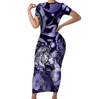 Personalised Maori Romantic Valentine Family Matching Short Sleeve Bodycon Dress and Hawaiian Shirt The Hongi Kiss Purple Galaxy