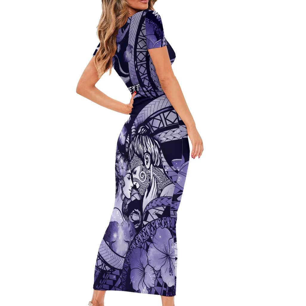 Personalised Maori Romantic Valentine Family Matching Short Sleeve Bodycon Dress and Hawaiian Shirt The Hongi Kiss Purple Galaxy