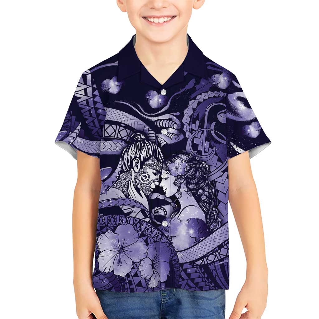 Personalised Maori Romantic Valentine Family Matching Short Sleeve Bodycon Dress and Hawaiian Shirt The Hongi Kiss Purple Galaxy