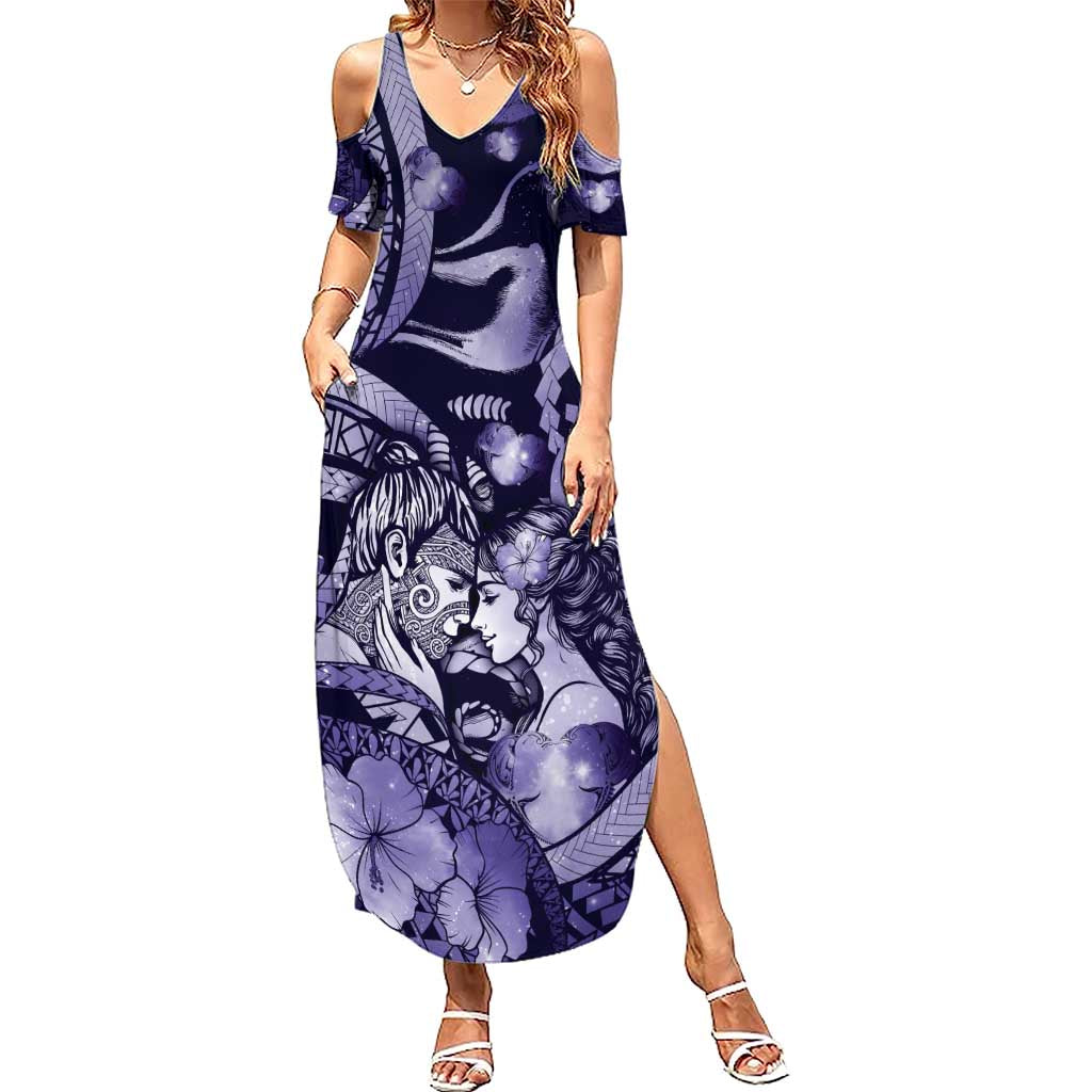 Personalised Maori Romantic Valentine Family Matching Summer Maxi Dress and Hawaiian Shirt The Hongi Kiss Purple Galaxy
