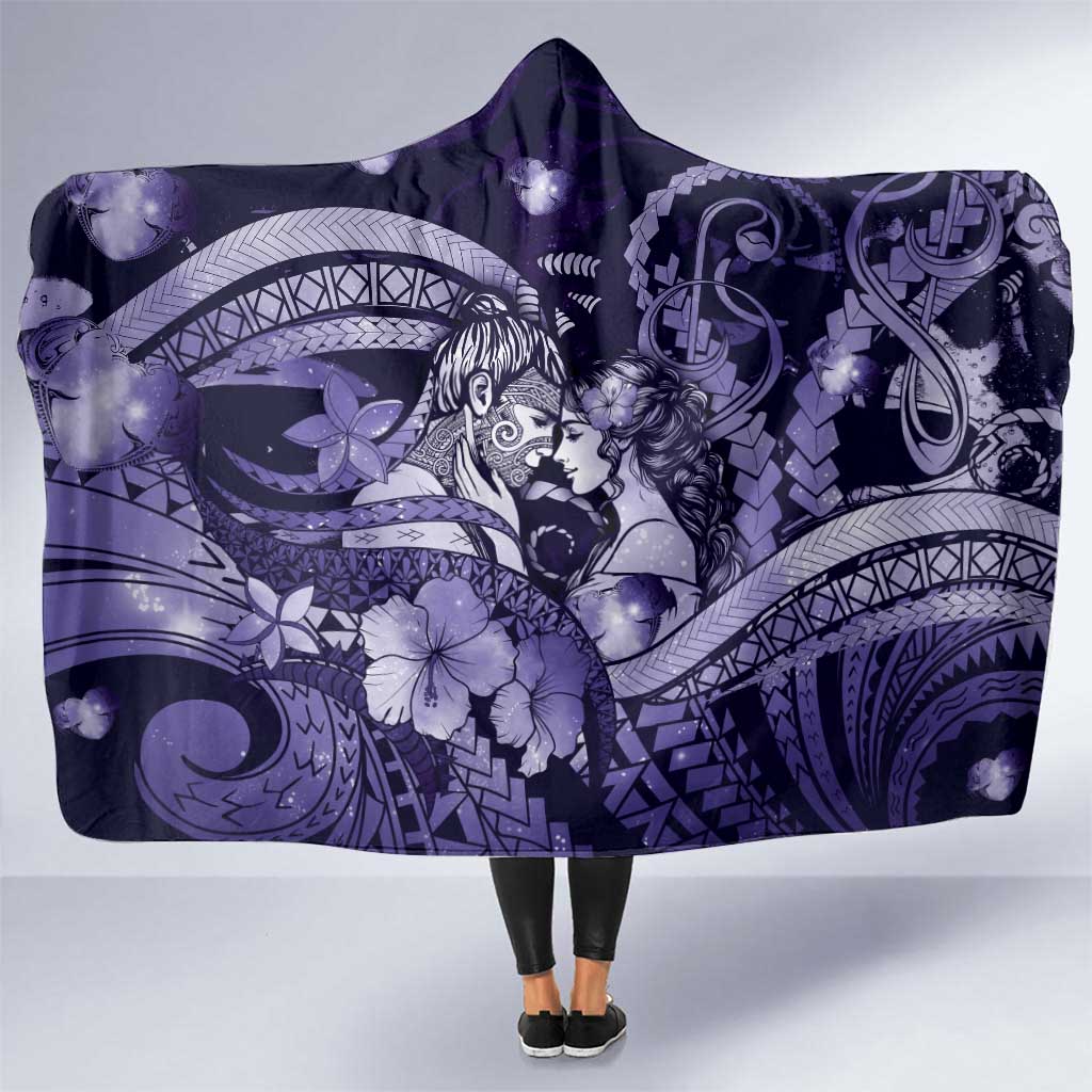 Maori Romantic Valentine Hooded Blanket The Hongi Kiss Purple Galaxy