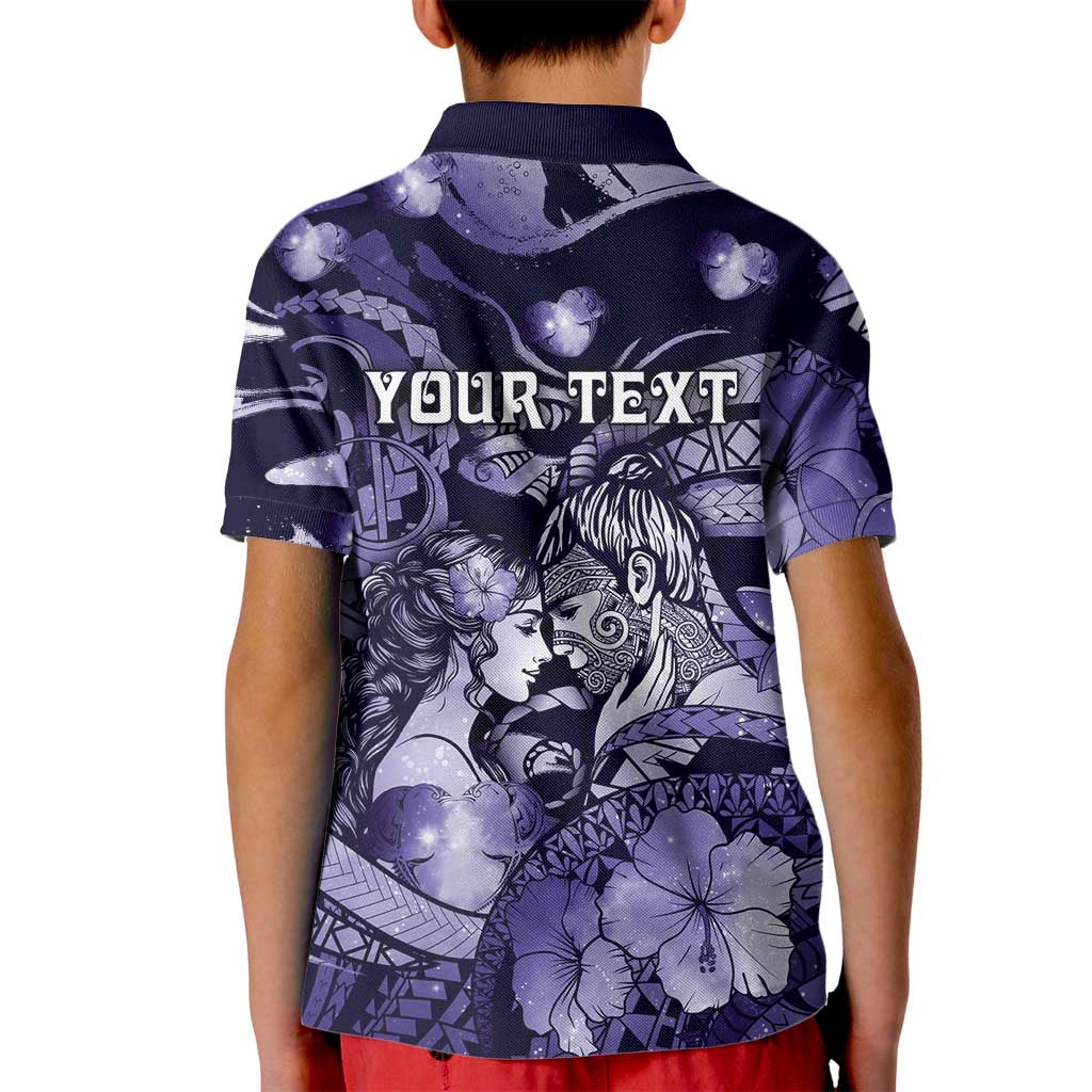 Personalised Maori Romantic Valentine Kid Polo Shirt The Hongi Kiss Purple Galaxy