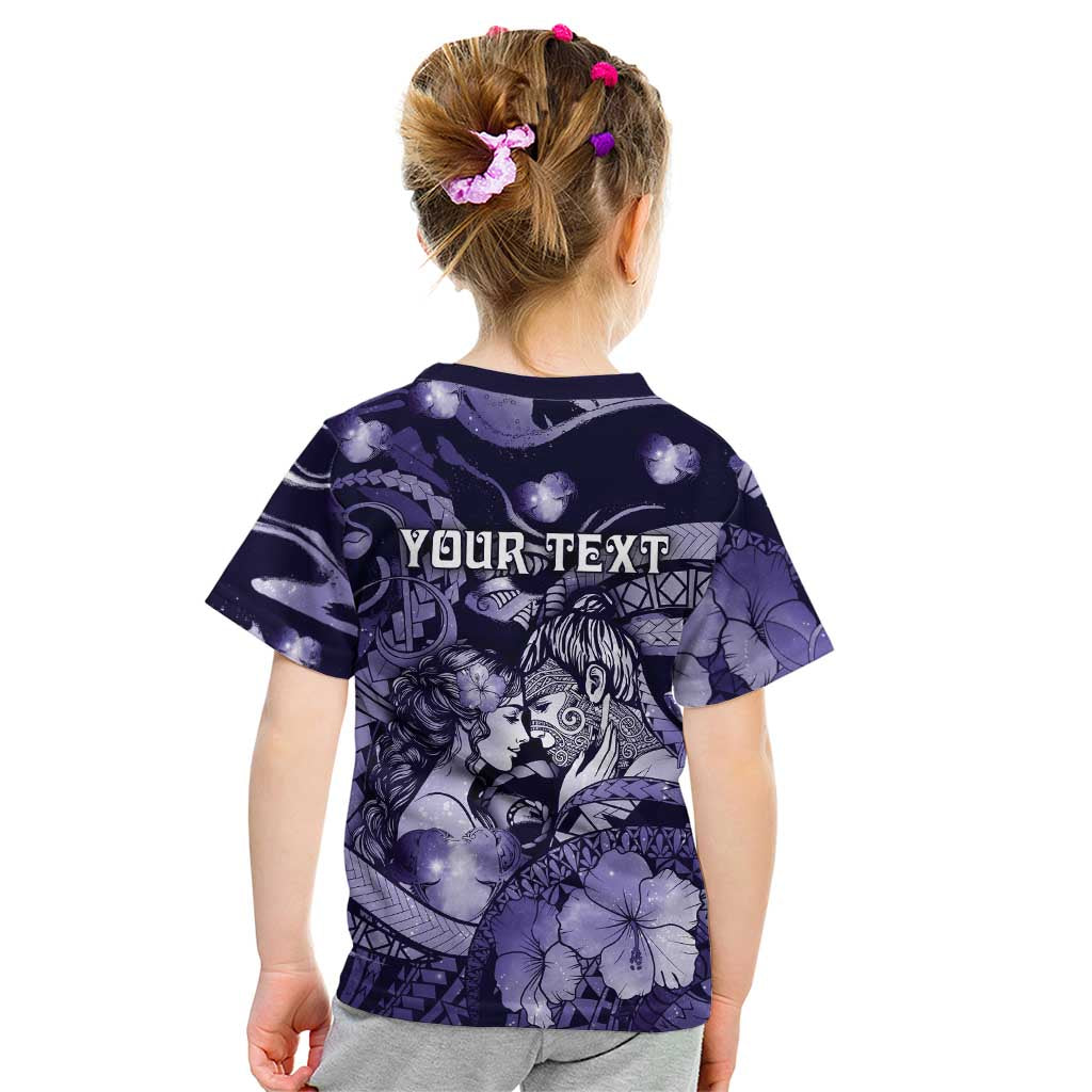 Personalised Maori Romantic Valentine Kid T Shirt The Hongi Kiss Purple Galaxy