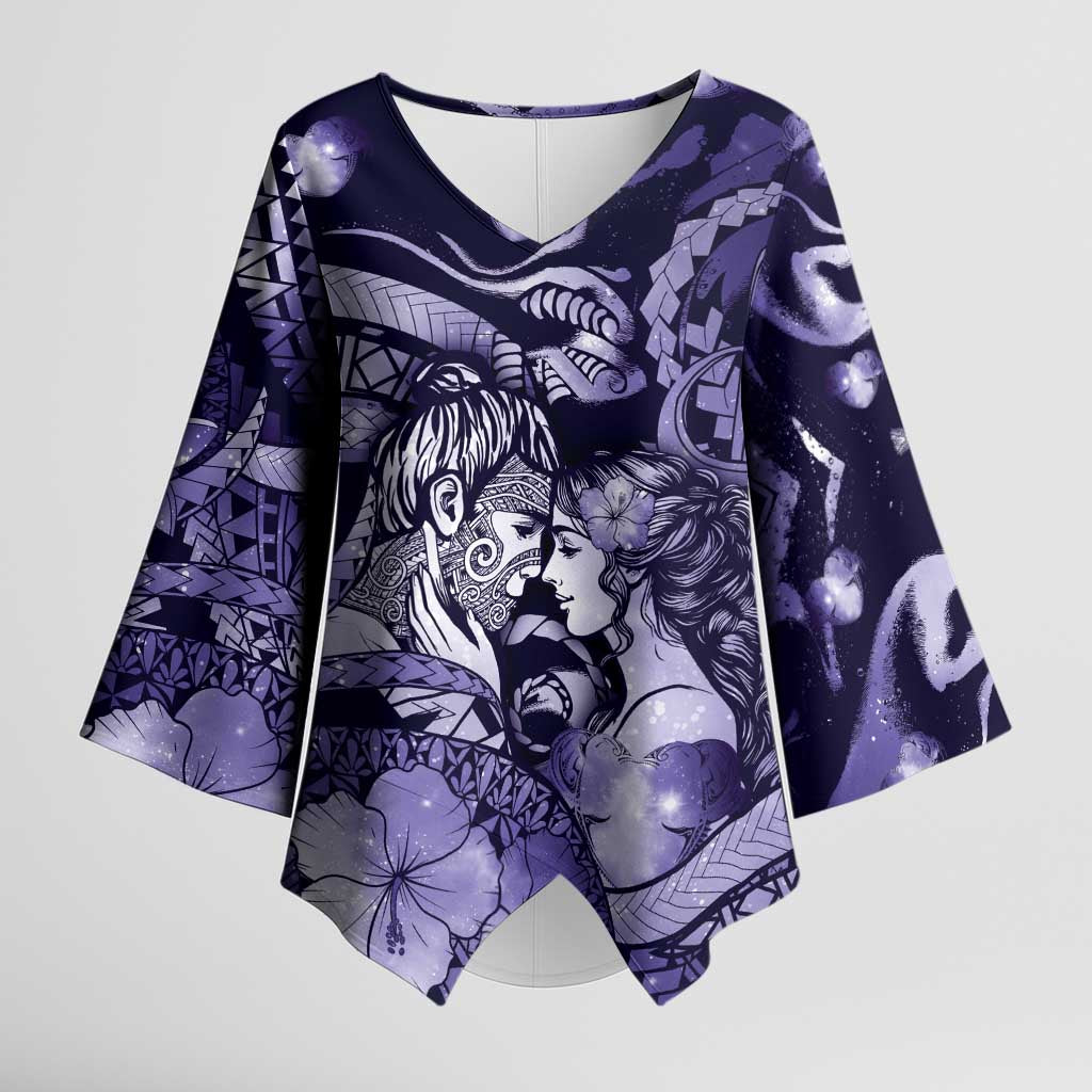 Personalised Maori Romantic Valentine Kimono Sleeve Blouse The Hongi Kiss Purple Galaxy