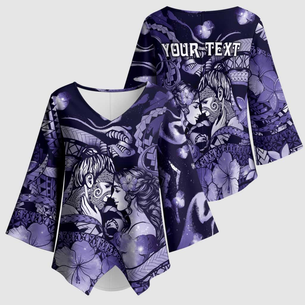 Personalised Maori Romantic Valentine Kimono Sleeve Blouse The Hongi Kiss Purple Galaxy