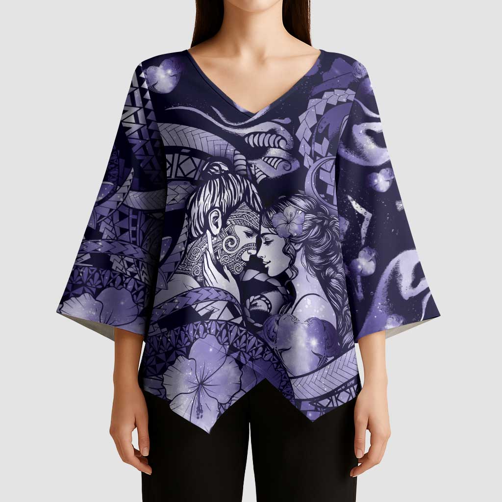 Personalised Maori Romantic Valentine Kimono Sleeve Blouse The Hongi Kiss Purple Galaxy
