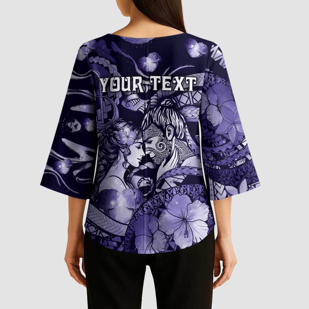 Personalised Maori Romantic Valentine Kimono Sleeve Blouse The Hongi Kiss Purple Galaxy