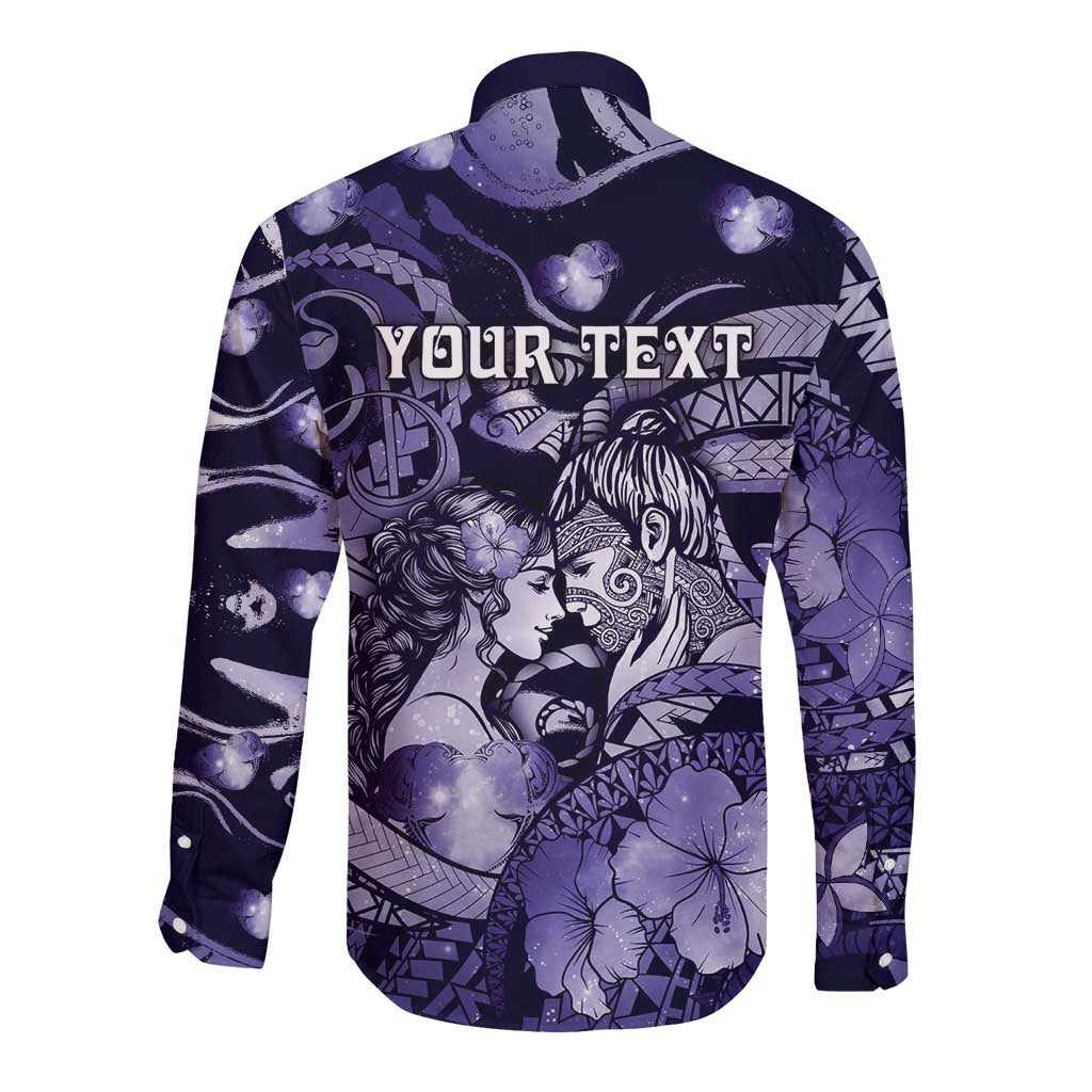 Personalised Maori Romantic Valentine Long Sleeve Button Shirt The Hongi Kiss Purple Galaxy
