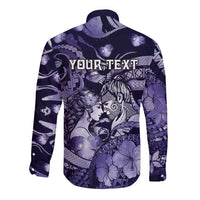 Personalised Maori Romantic Valentine Long Sleeve Button Shirt The Hongi Kiss Purple Galaxy