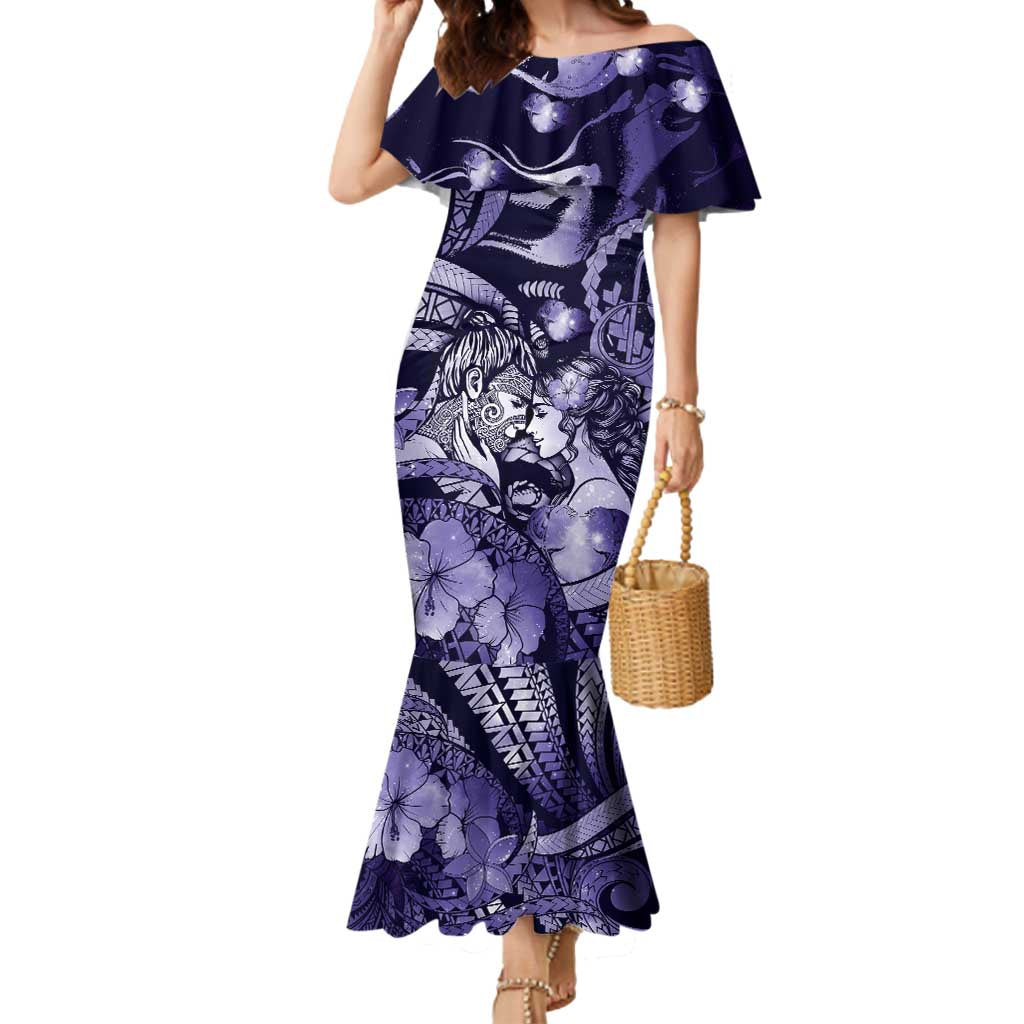 Personalised Maori Romantic Valentine Mermaid Dress The Hongi Kiss Purple Galaxy DT05 Women Purple - Polynesian Pride