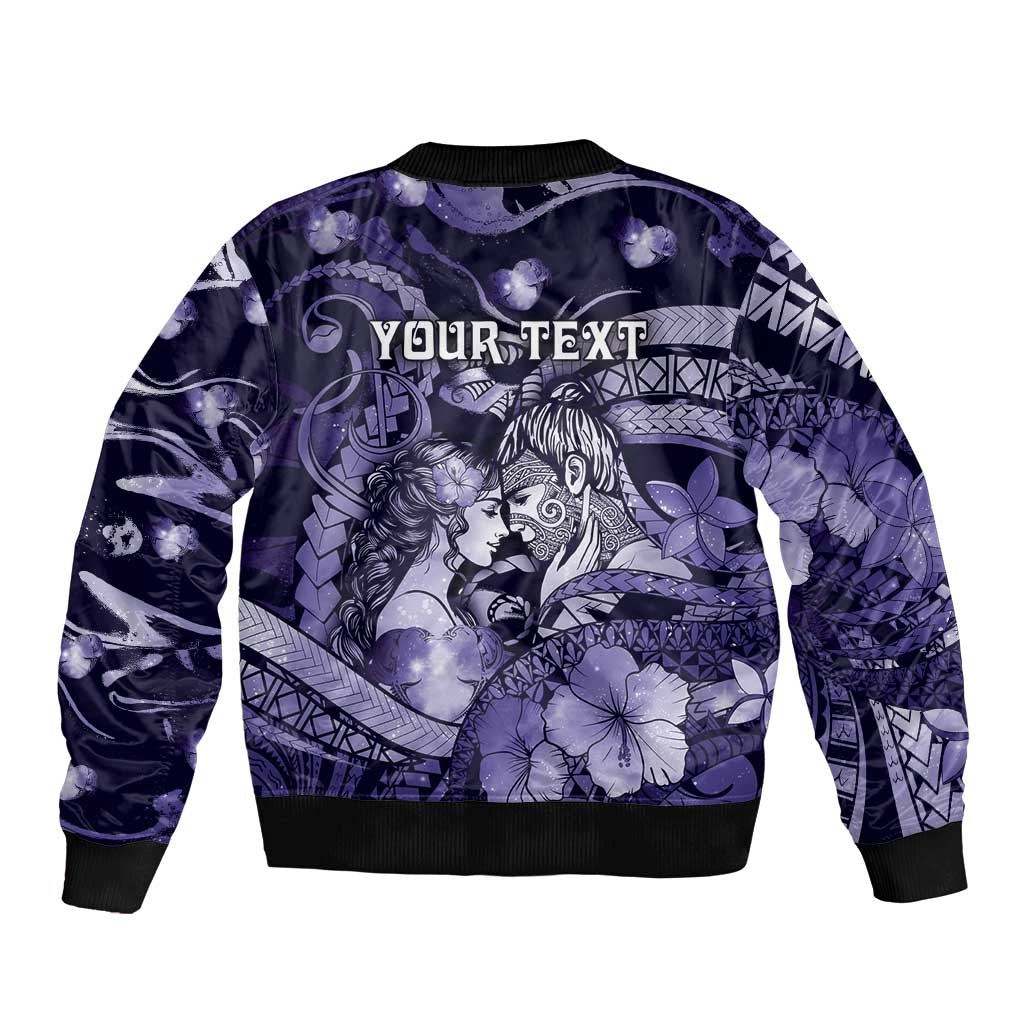 Personalised Maori Romantic Valentine Sleeve Zip Bomber Jacket The Hongi Kiss Purple Galaxy DT05 - Polynesian Pride