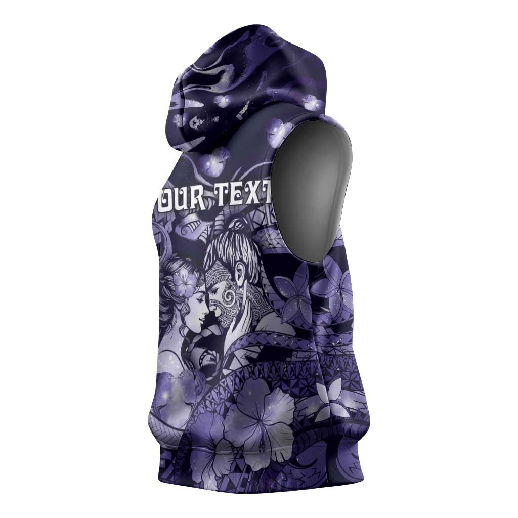 Personalised Maori Romantic Valentine Sleeveless Hoodie The Hongi Kiss Purple Galaxy