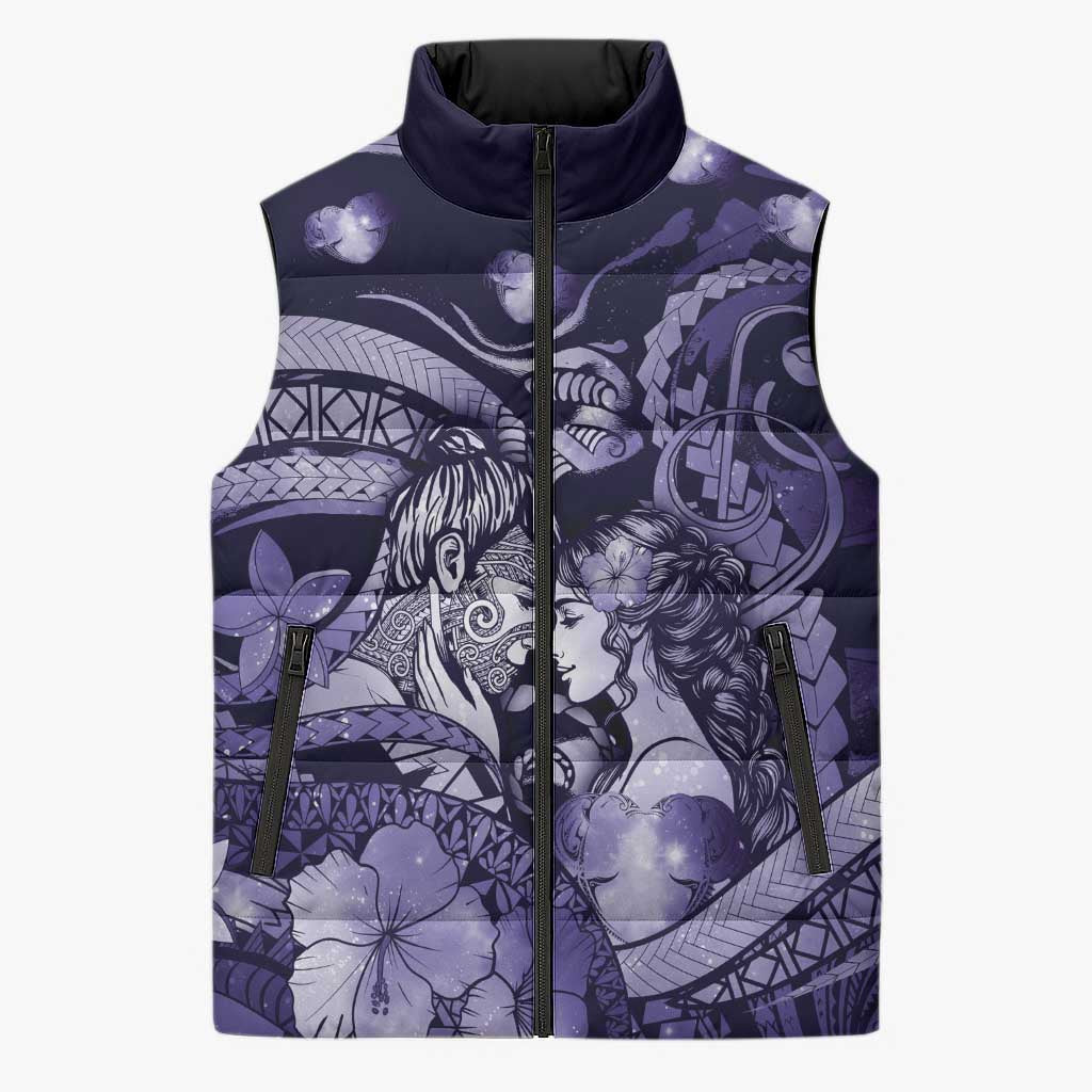 Personalised Maori Romantic Valentine Sleeveless Puffer Jacket The Hongi Kiss Purple Galaxy