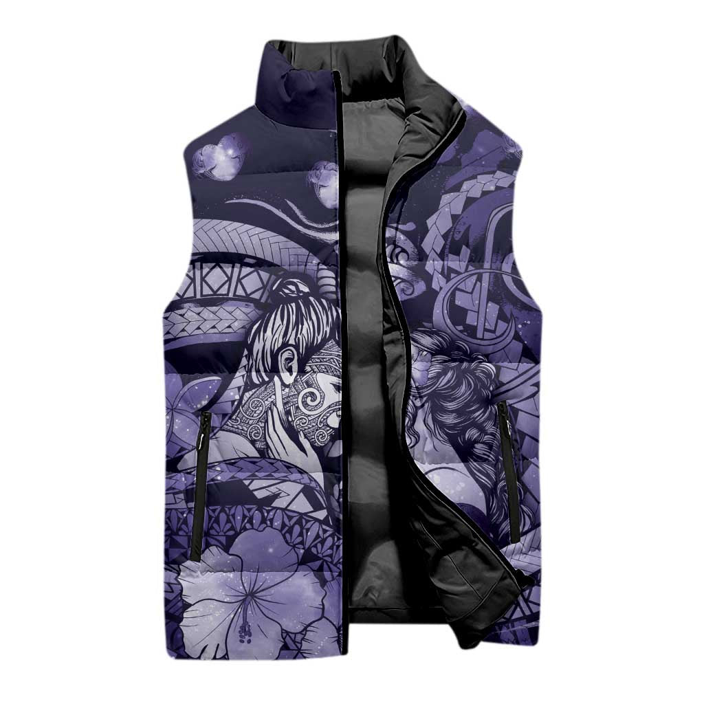 Personalised Maori Romantic Valentine Sleeveless Puffer Jacket The Hongi Kiss Purple Galaxy