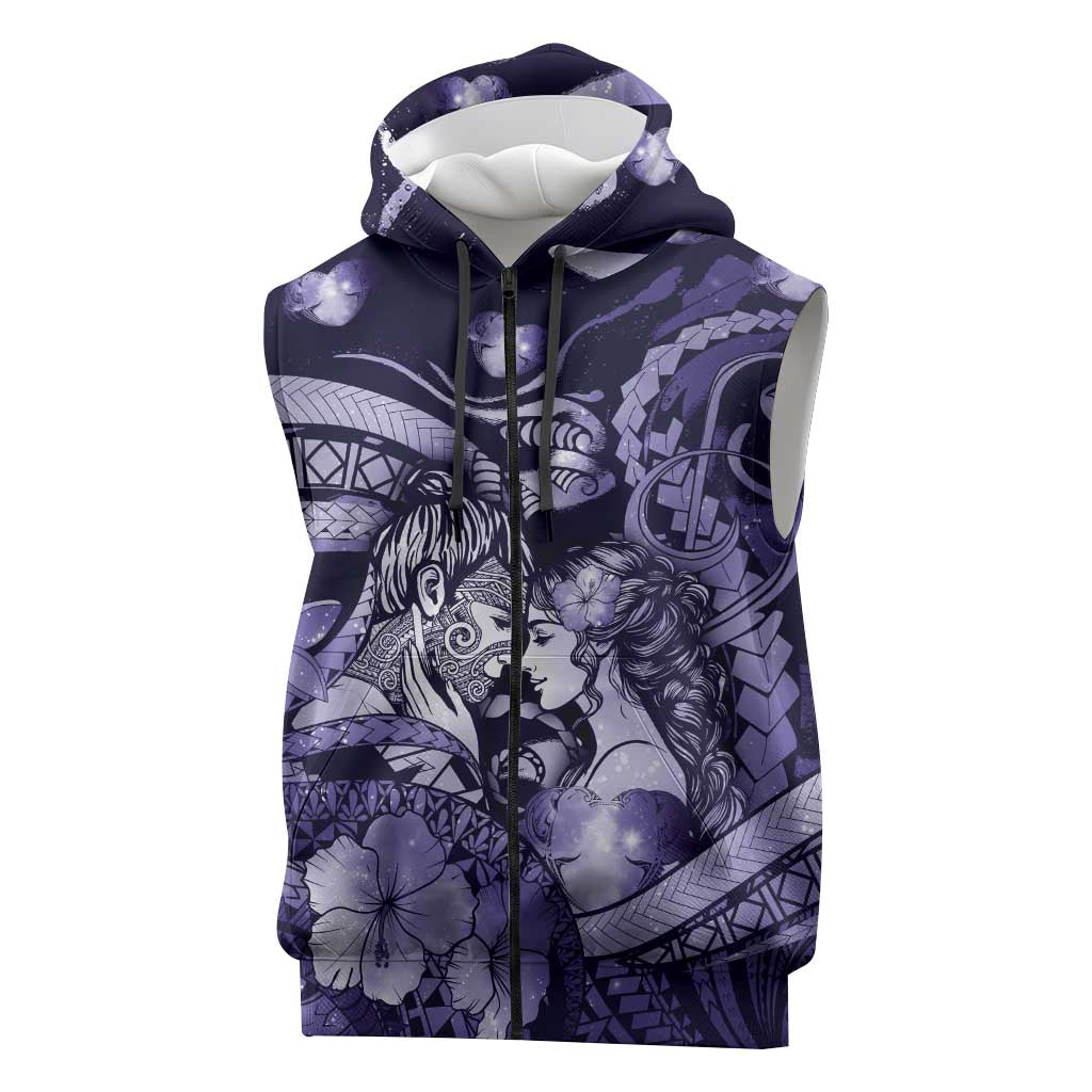 Personalised Maori Romantic Valentine Sleeveless Zip Hoodie The Hongi Kiss Purple Galaxy