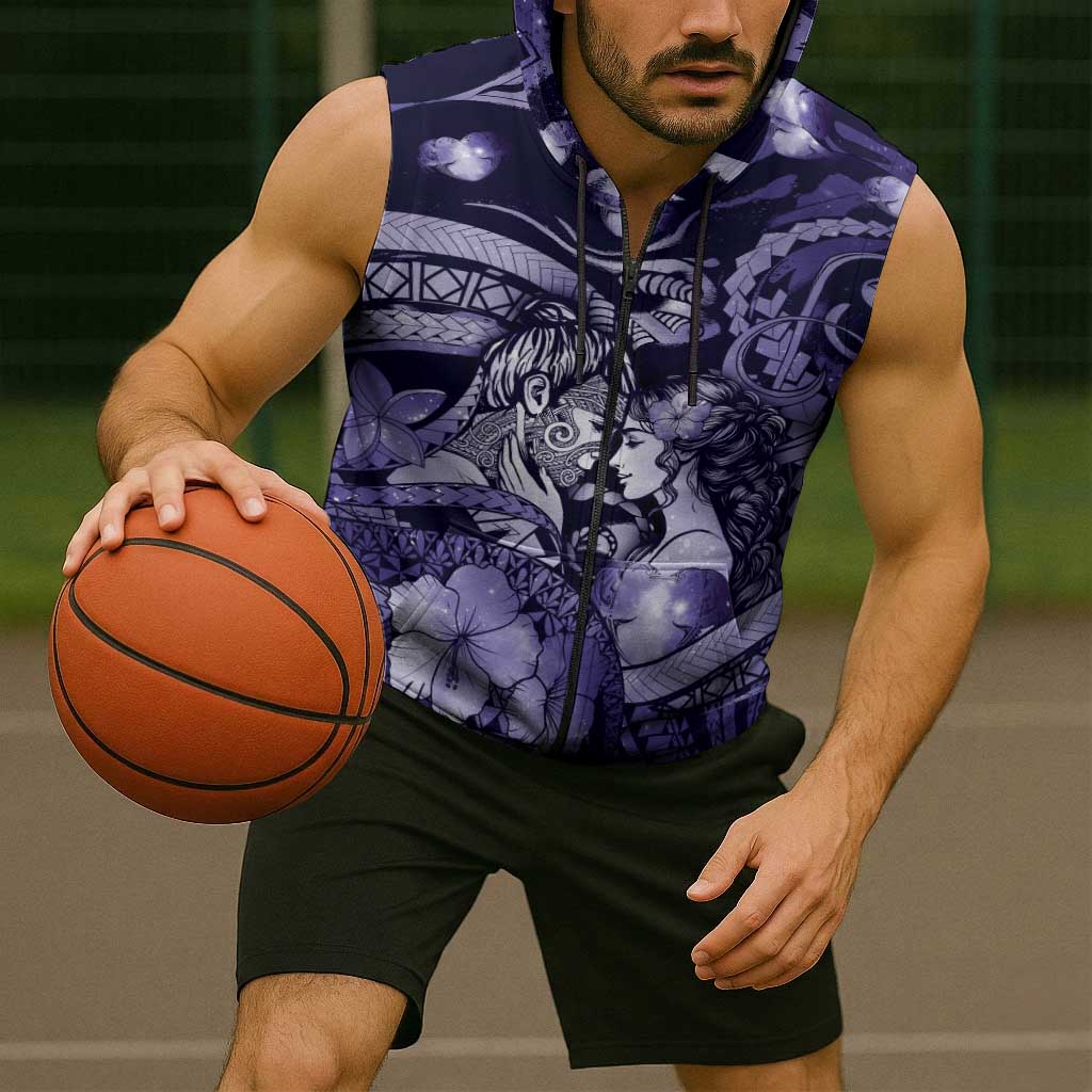 Personalised Maori Romantic Valentine Sleeveless Zip Hoodie The Hongi Kiss Purple Galaxy