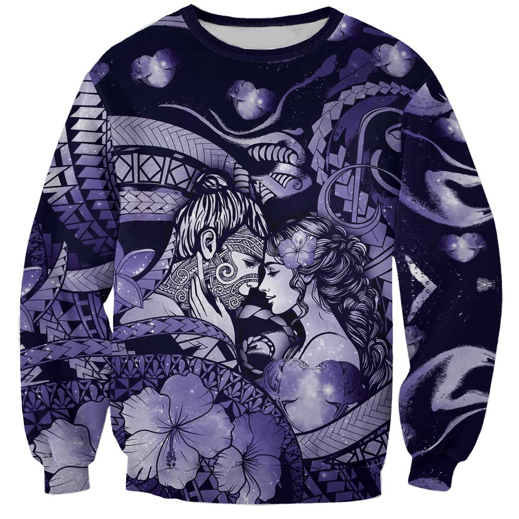 Personalised Maori Romantic Valentine Sweatshirt The Hongi Kiss Purple Galaxy