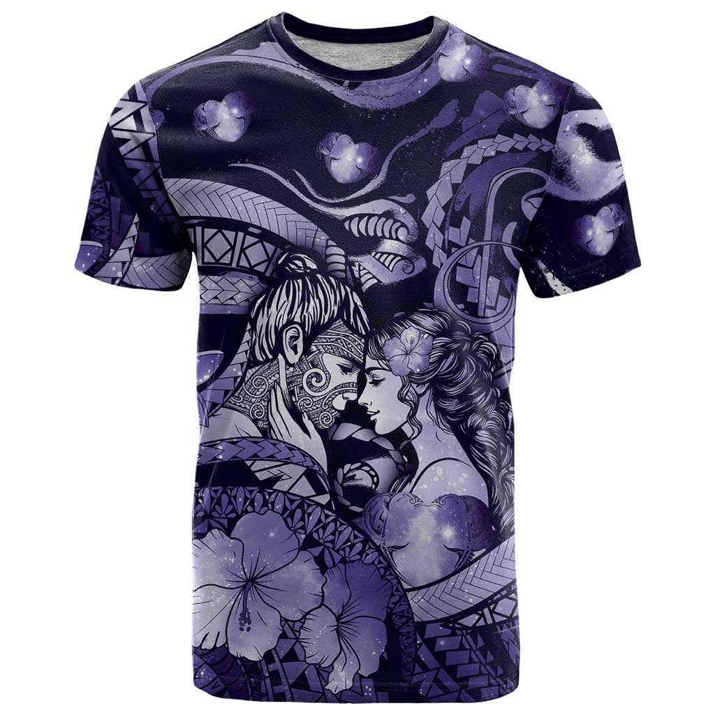 Personalised Maori Romantic Valentine T Shirt The Hongi Kiss Purple Galaxy