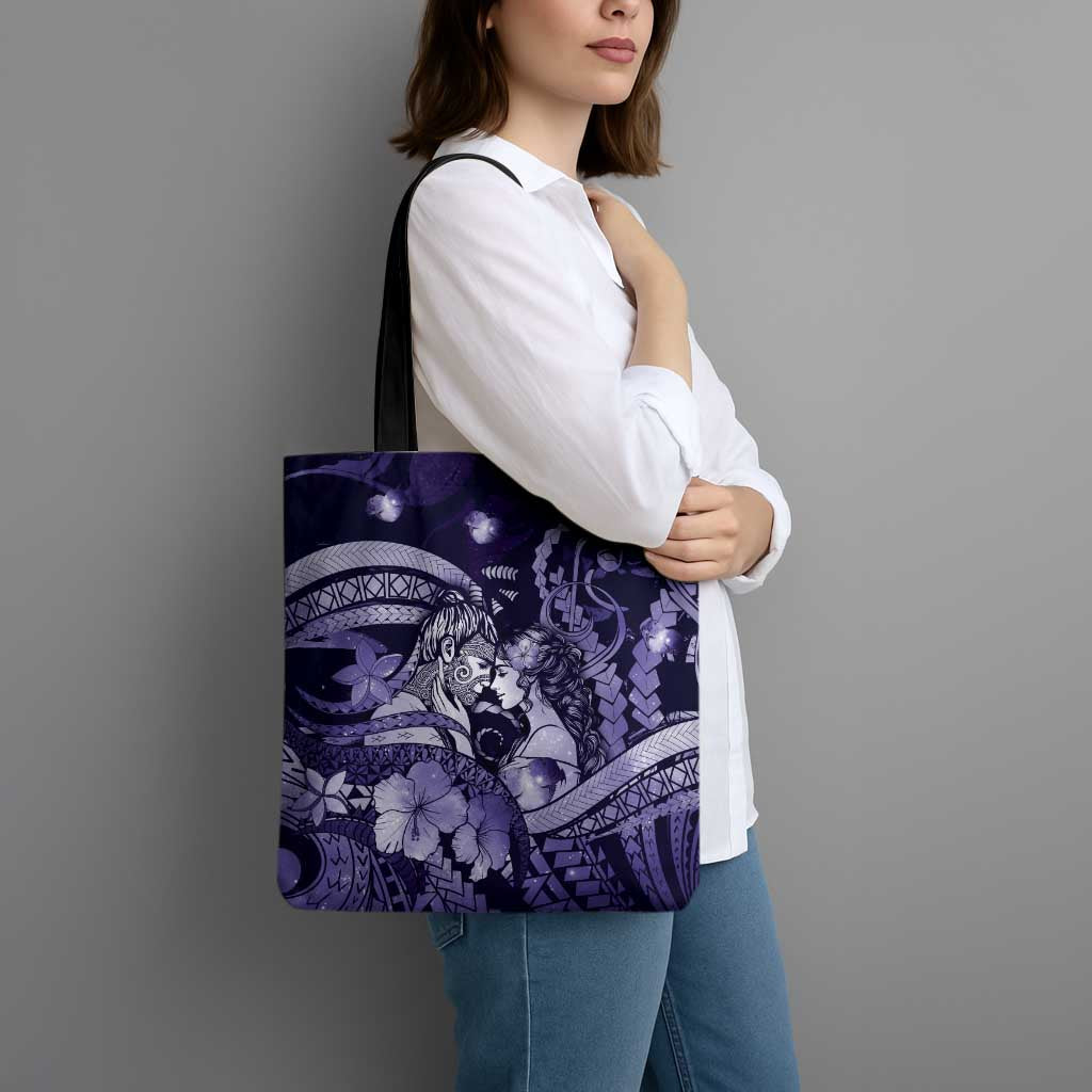 Maori Romantic Valentine Tote Bag The Hongi Kiss Purple Galaxy