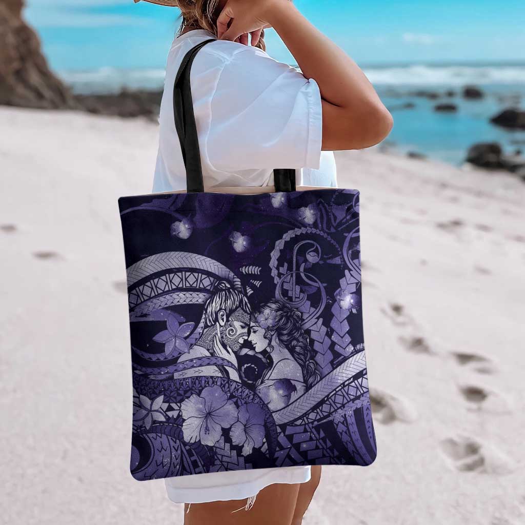 Maori Romantic Valentine Tote Bag The Hongi Kiss Purple Galaxy