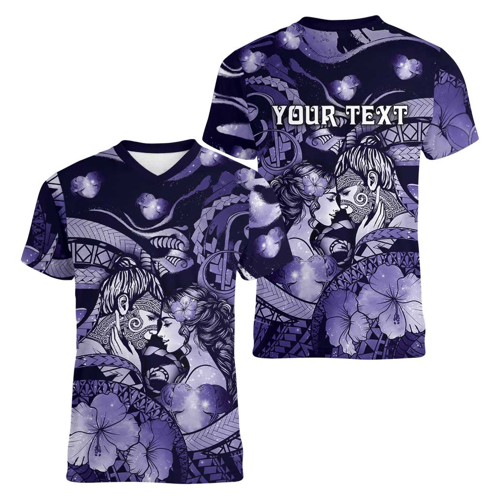Personalised Maori Romantic Valentine Women V-Neck T-Shirt The Hongi Kiss Purple Galaxy