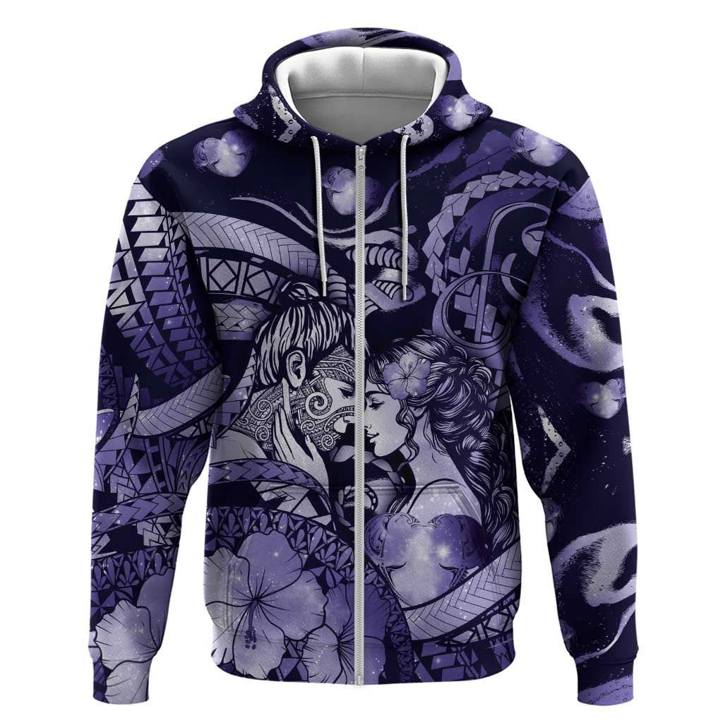 Personalised Maori Romantic Valentine Zip Hoodie The Hongi Kiss Purple Galaxy DT05 Zip Hoodie Purple - Polynesian Pride