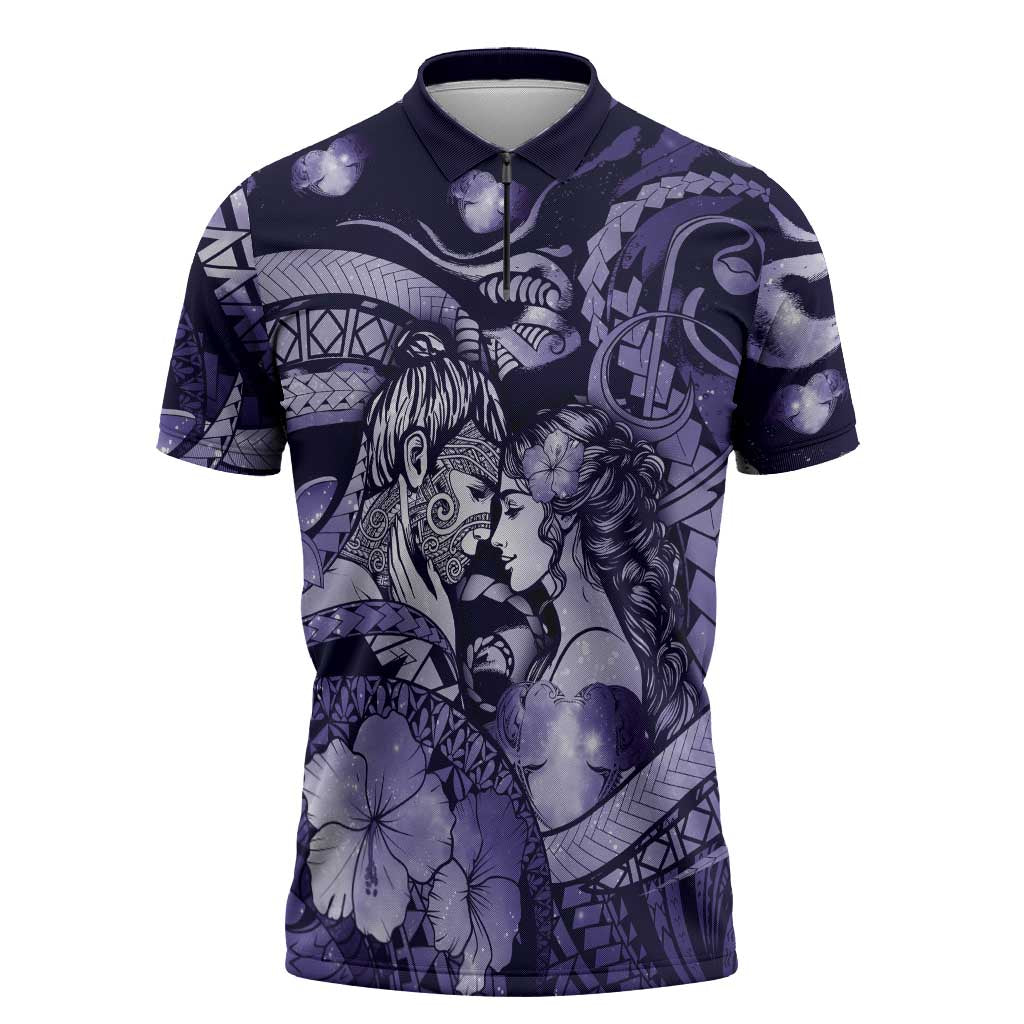 Personalised Maori Romantic Valentine Zipper Polo Shirt The Hongi Kiss Purple Galaxy