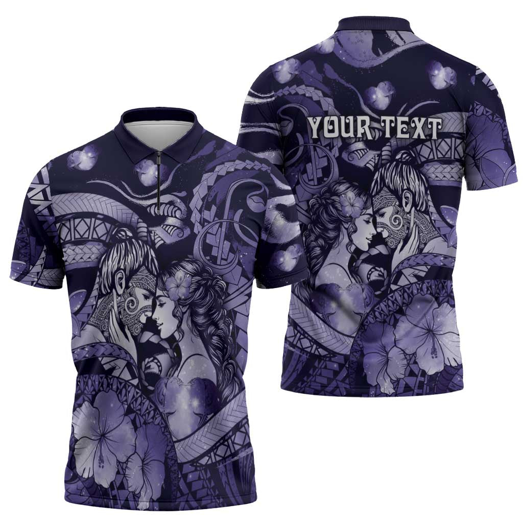 Personalised Maori Romantic Valentine Zipper Polo Shirt The Hongi Kiss Purple Galaxy