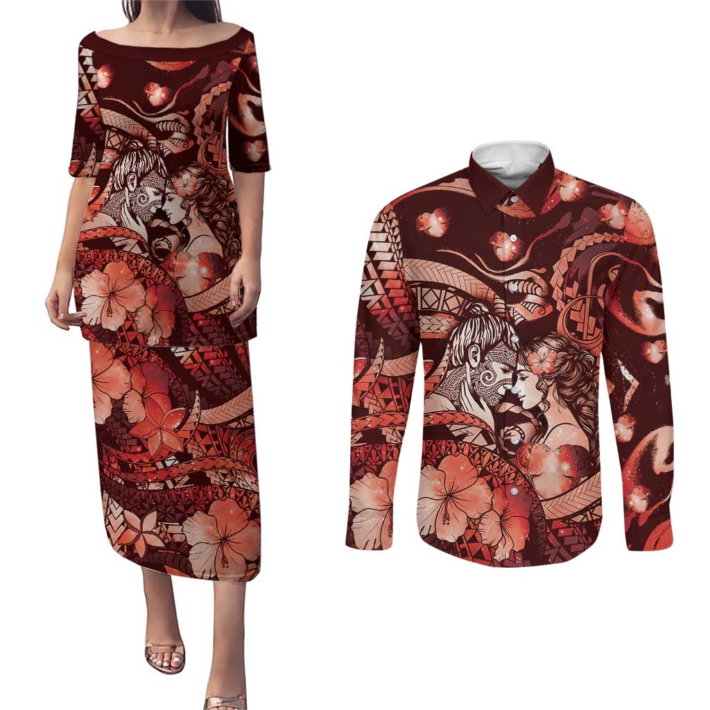 Personalised Maori Romantic Valentine Couples Matching Puletasi and Long Sleeve Button Shirt The Hongi Kiss Red Galaxy