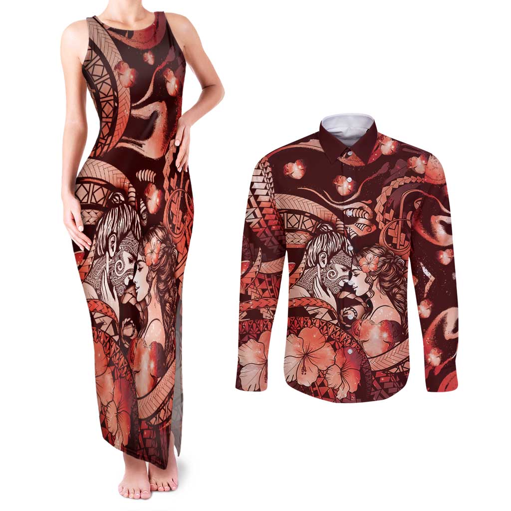 Personalised Maori Romantic Valentine Couples Matching Tank Maxi Dress and Long Sleeve Button Shirt The Hongi Kiss Red Galaxy