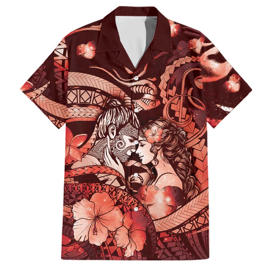 Personalised Maori Romantic Valentine Family Matching Mermaid Dress and Hawaiian Shirt The Hongi Kiss Red Galaxy