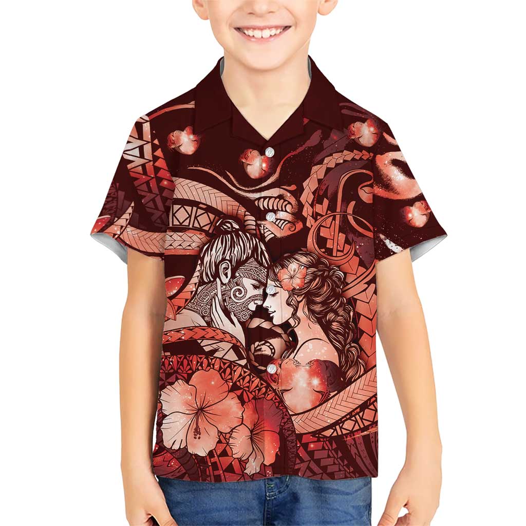 Personalised Maori Romantic Valentine Family Matching Mermaid Dress and Hawaiian Shirt The Hongi Kiss Red Galaxy