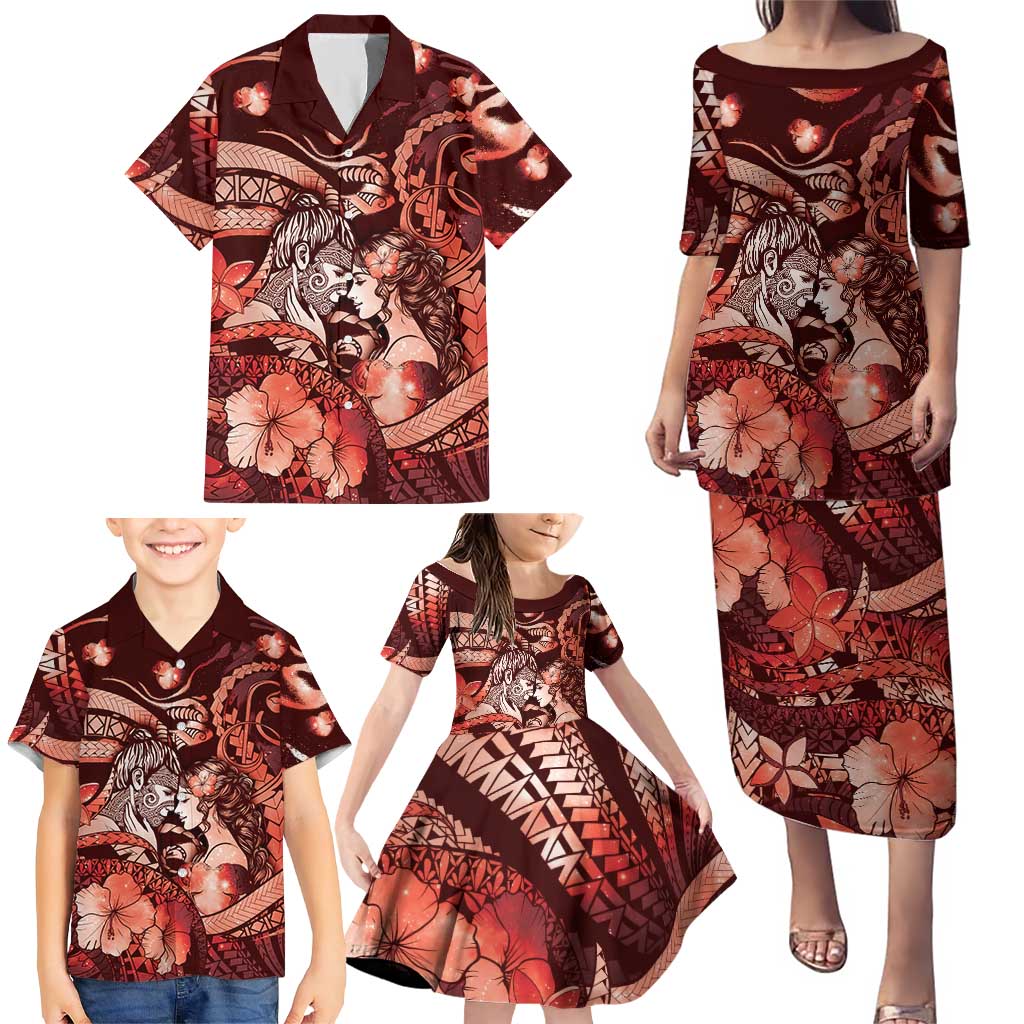 Personalised Maori Romantic Valentine Family Matching Puletasi and Hawaiian Shirt The Hongi Kiss Red Galaxy DT05 - Polynesian Pride
