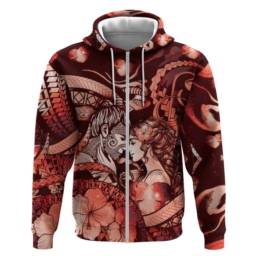 Personalised Maori Romantic Valentine Hoodie The Hongi Kiss Red Galaxy